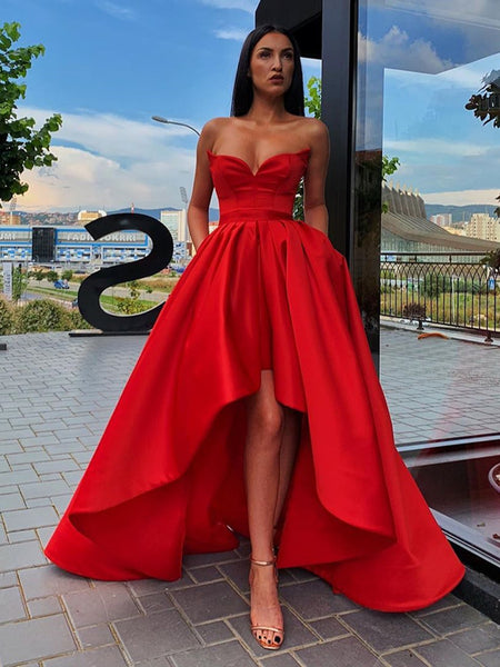 Sweetheart Neck Red High Low Prom Dresses, Red High Low Satin Formal G ...