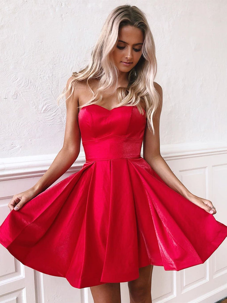 Sweetheart Neck Short Red Prom Dresses with Corset Back, Short Red Homecoming Graduation Dresses