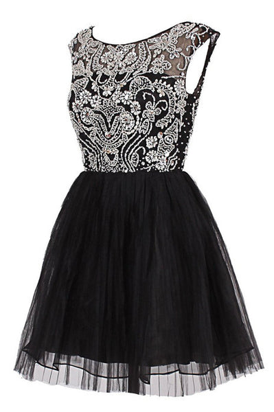 A Line Round Neck Short Black Prom Dress, Short Black Homecoming Dress, Graduation Dress