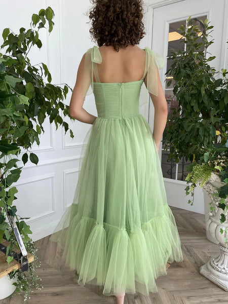 Tea Length Sage Tulle Prom Dresses, Tea Length Sage Tulle Formal Homecoming Dresses