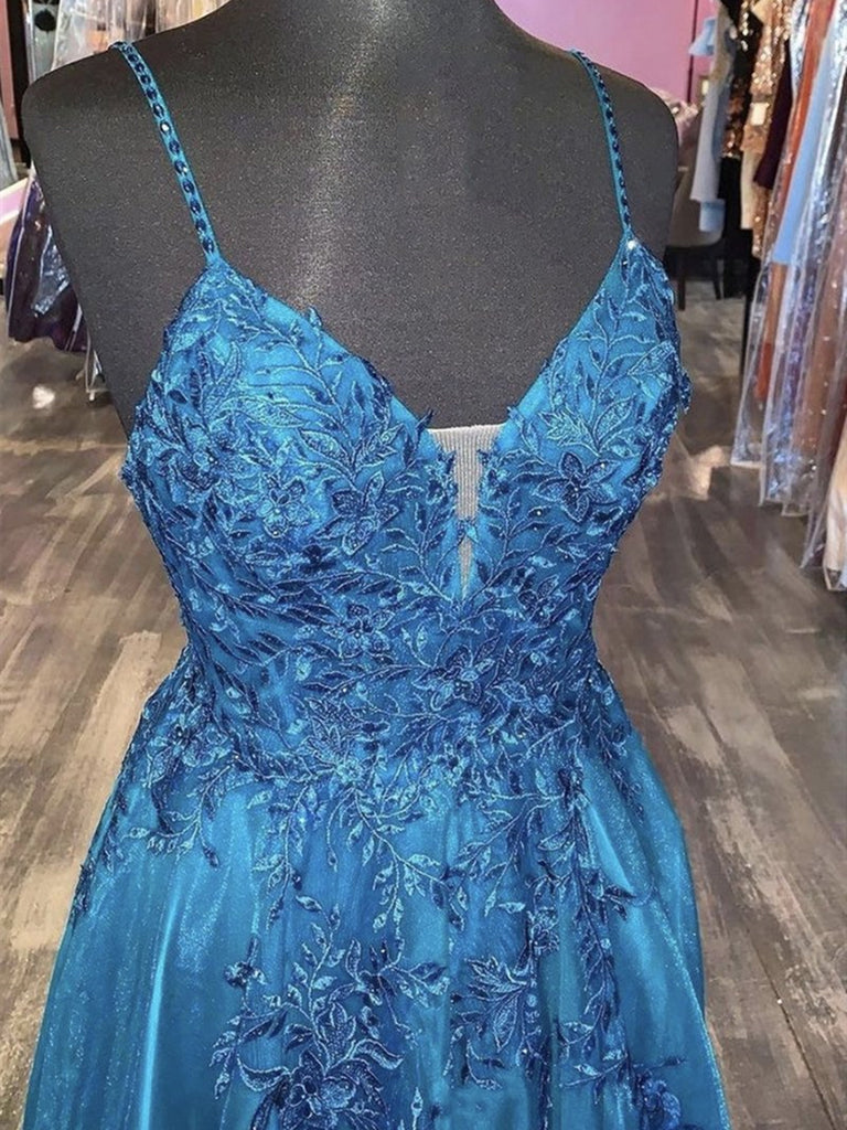 Thin Straps Blue V Neck Long Lace Prom Dresses, V Neck Blue Lace