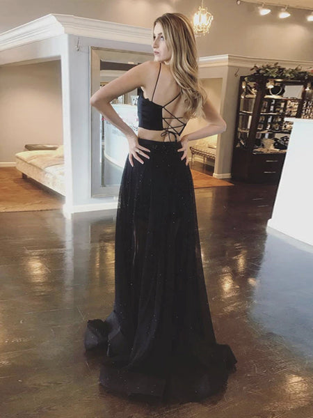 Two Pieces Black Backless Prom Dresses, 2 Pieces Open Back Black Formal Evening Dresses
