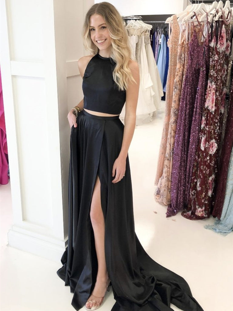 Two Pieces Black Satin Long Prom Dresses, 2 Pieces Black Long Formal E jbydress Two Pieces Black Satin Long Prom Dresses, 2 Pieces Black Long Formal E jbydress