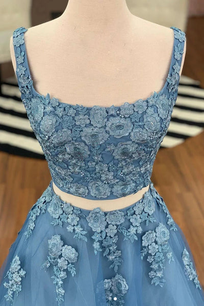 Two Pieces Blue Lace Prom Dresses, 2 Pieces Blue Lace Formal Evening Dresses