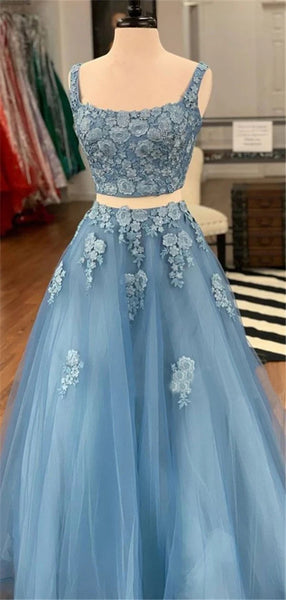 Two Pieces Blue Lace Prom Dresses, 2 Pieces Blue Lace Formal Evening Dresses