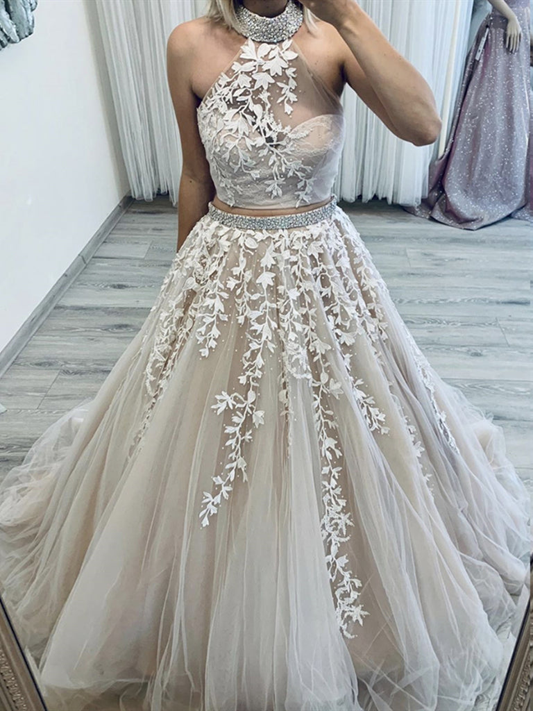 Two Pieces Champagne Lace Prom Dresses, 2 Pieces Champagne Lace Formal Wedding Dresses