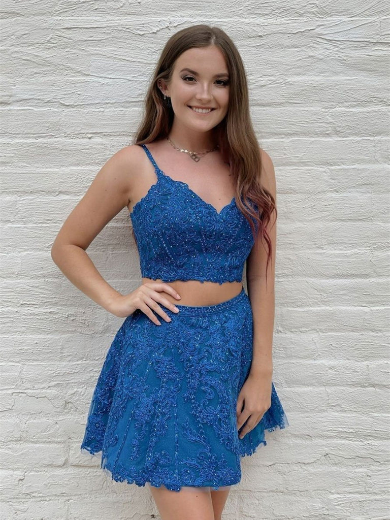Homecoming Dresses Piece Graduation Dress Two Pieces Short Blue Lace Prom Dresses, Pieces Short Blue Lace Homecoming Dresses Piece Graduation Dress Two Pieces Short Blue Lace Prom Dresses, Pieces Short Blue Lace