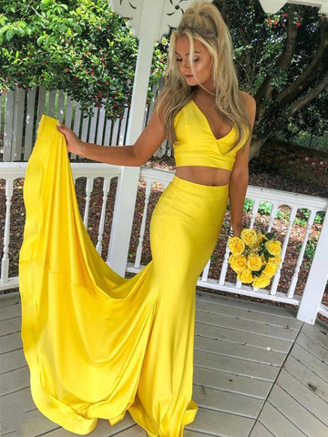 Two Pieces V Neck Yellow Mermaid Long Prom Dresses, 2 Pieces Yellow Mermaid Formal Evening Dresses