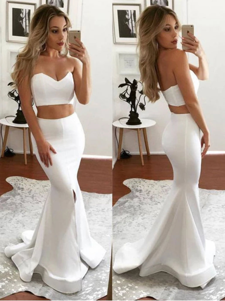 Two Pieces White Mermaid Prom Dresses, 2 Pieces Mermaid Formal Evening Dresses