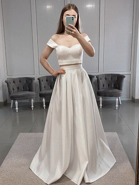 Two Pieces White Satin Prom Dresses, 2 Pieces White Long Formal Evening Dresses