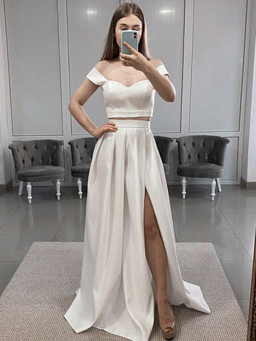 Two Pieces White Satin Prom Dresses, 2 Pieces White Long Formal Evening Dresses