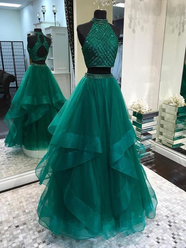 Two Pieces Emerald Green Prom Dress Long, 2 Pieces Green Long Formal Graduation Dresses