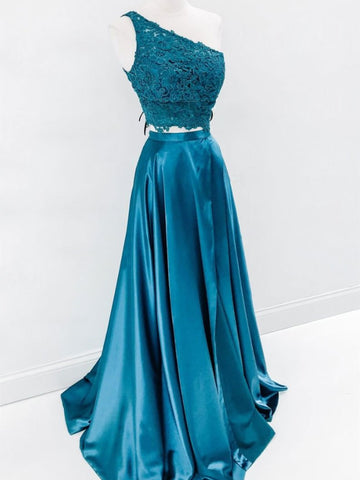 Two Pieces One Shoulder Blue Lace Prom Dresses, 2 Pieces Blue Lace Formal Graduation Evening Dresses