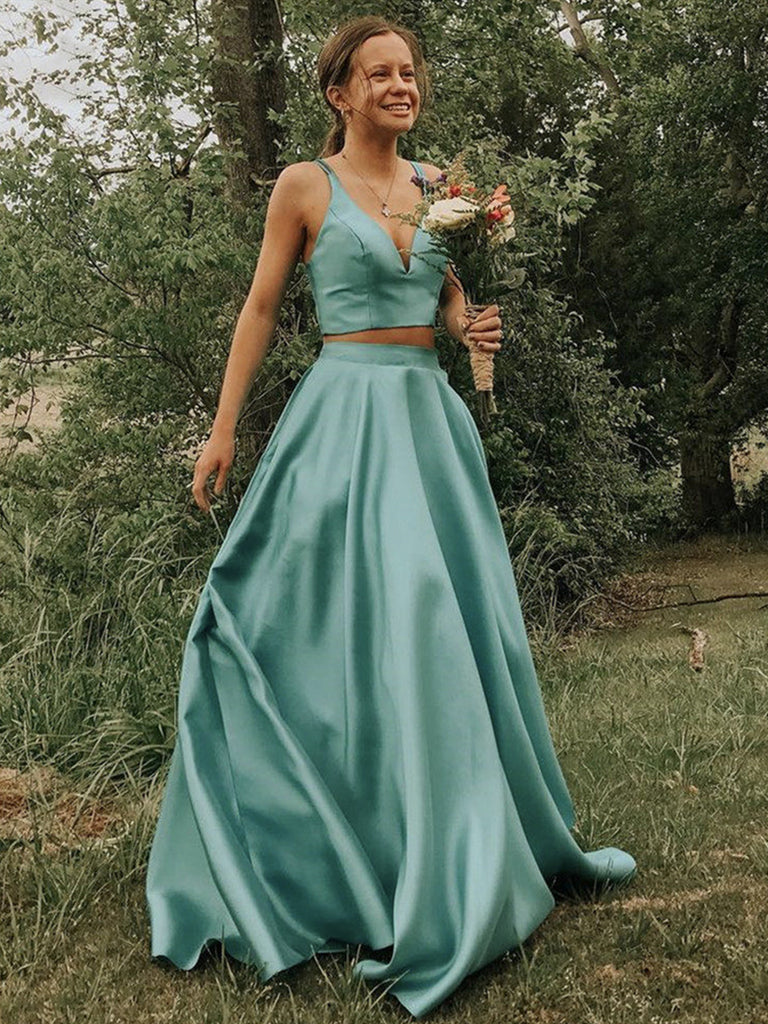 V Neck 2 Pieces Green Long Prom Dresses, Two Pieces Green Long Formal Evening Dresses