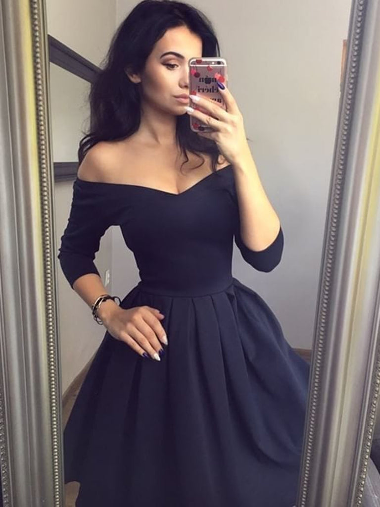 V Neck 3/4 Sleeves Short Black Prom Dresses, Short Black Formal Homeco jbydress V Neck 3/4 Sleeves Short Black Prom Dresses, Short Black Formal Homeco jbydress