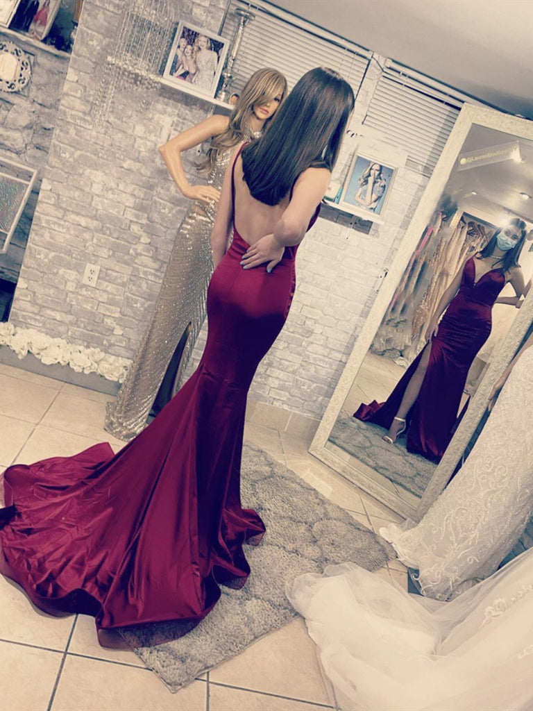 Satin Burgundy Maroon Open Back Prom Dress V Neck Backless Burgundy Mermaid Long Prom Dresses, Wine Satin Burgundy Maroon Open Back Prom Dress V Neck Backless Burgundy Mermaid Long Prom Dresses, Wine