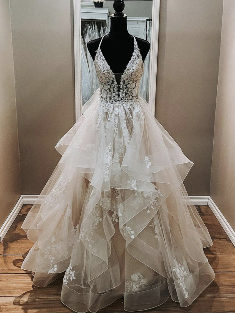 V Neck Backless Light Champagne Lace Wedding Dresses, Open Back Champa jbydress V Neck Backless Light Champagne Lace Wedding Dresses, Open Back Champa jbydress