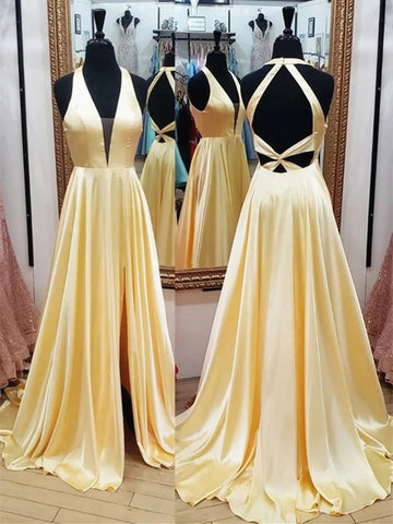 V Neck Backless Yellow Satin Long Prom Dresses, Yellow Open Back Formal Evening Graduation Dresses