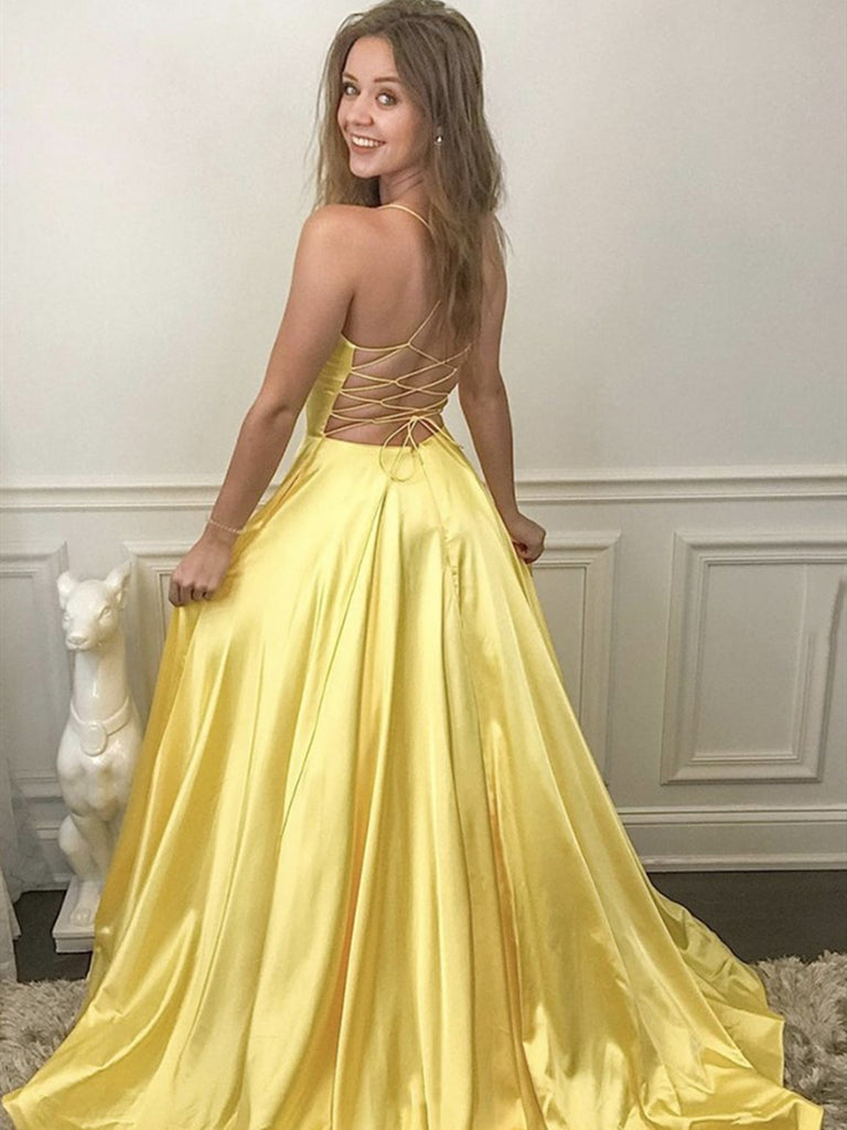 V Neck Backless Yellow Satin Prom Dresses, Open Back Yellow Satin Form jbydress V Neck Backless Yellow Satin Prom Dresses, Open Back Yellow Satin Form jbydress