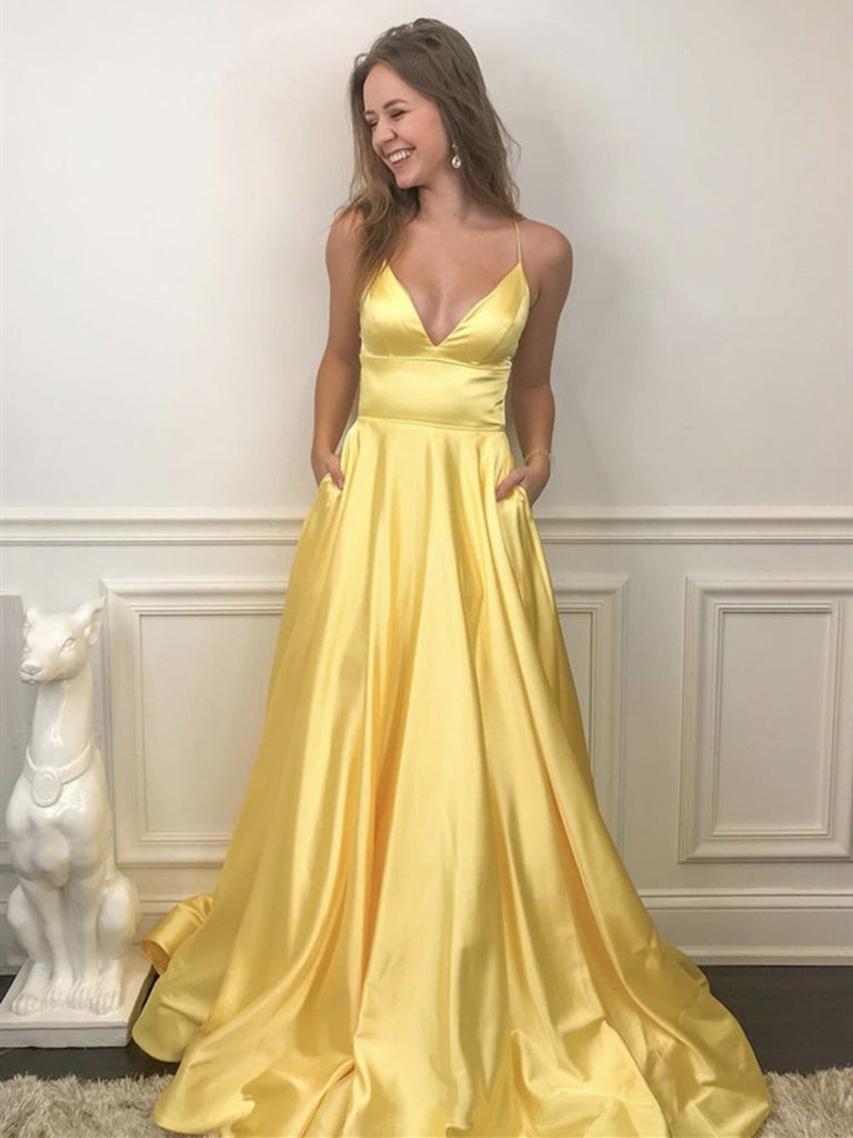 V Neck Backless Yellow Satin Prom Dresses, Open Back Yellow Satin Form jbydress V Neck Backless Yellow Satin Prom Dresses, Open Back Yellow Satin Form jbydress