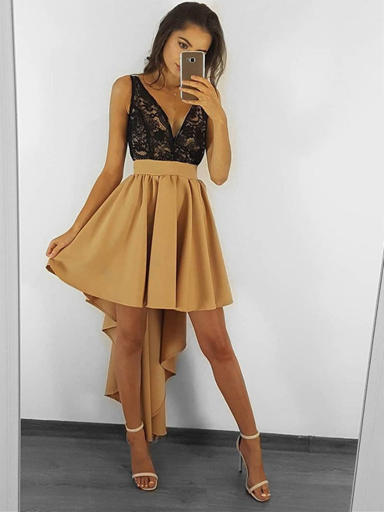 V Neck Black Lace Champagne High Low Prom Dresses, Champagne High low jbydress V Neck Black Lace Champagne High Low Prom Dresses, Champagne High low jbydress