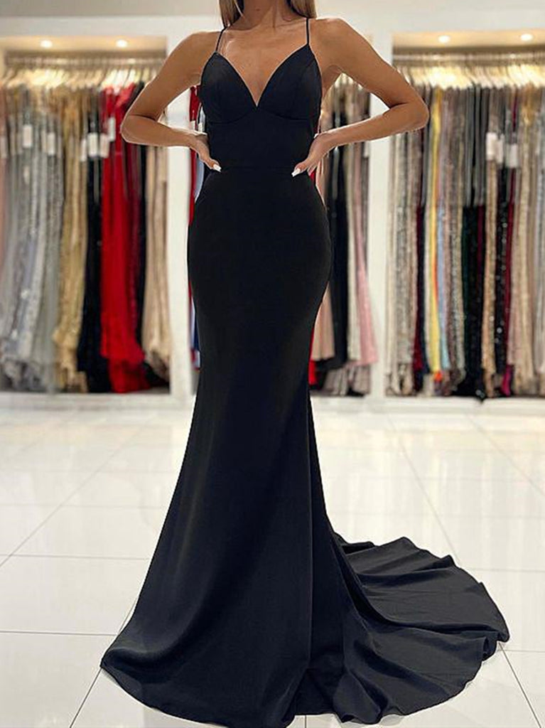 V Neck Black Mermaid Prom Dresses, Black Mermaid Formal Graduation Dre