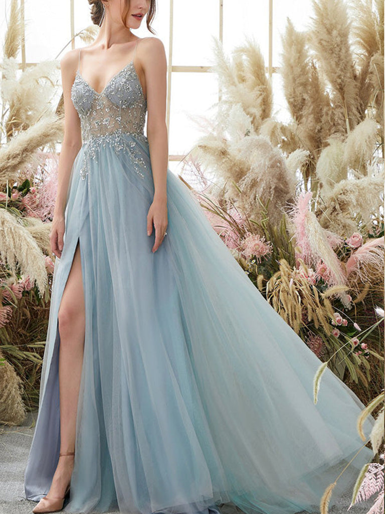 V Neck Blue Beaded Prom Dresses, Blue Beaded Formal Graduation Dresses jbydress V Neck Blue Beaded Prom Dresses, Blue Beaded Formal Graduation Dresses jbydress