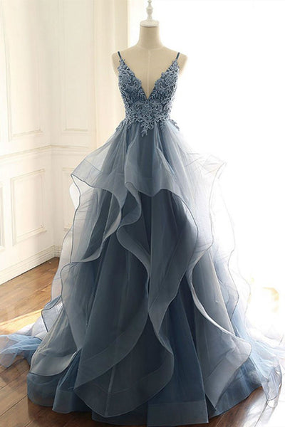V Neck Blue Gray Lace Prom Dresses, Blue Gray Lace Formal Graduation Prom Gown