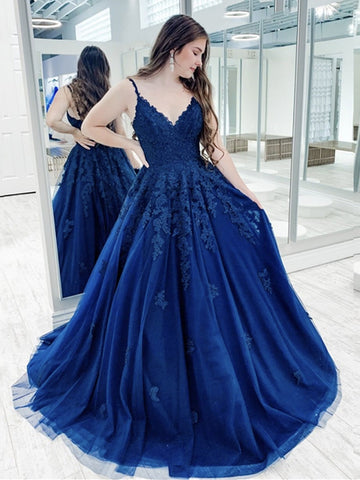 V Neck Blue Lace Prom Dresses, Blue Lace Formal Evening Dresses