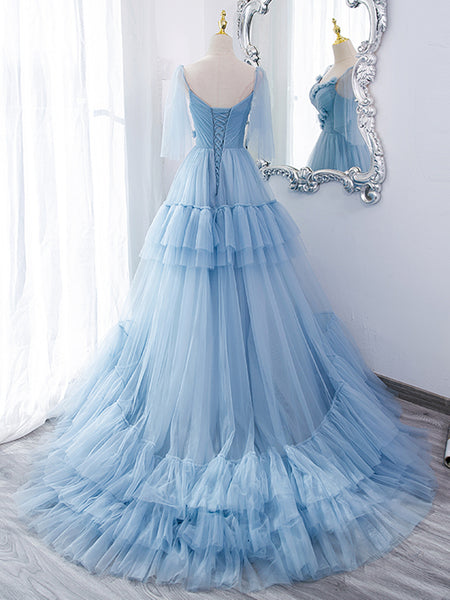 V Neck Blue Long Prom Dress with Sweep Train, V Neck Blue Long Formal Evening Dresses