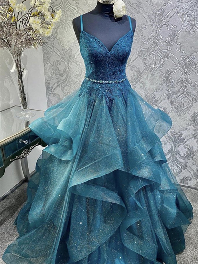 V Neck Blue Tulle Lace Prom Dresses, Shiny Blue Long Formal Evening Dr ...