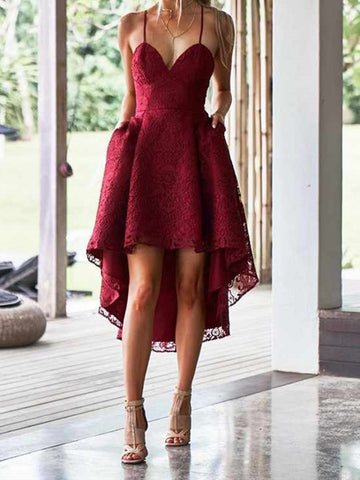 V Neck Burgundy High Low Lace Prom Dresses, Wine Red High Low Lace Formal Evening Dresses