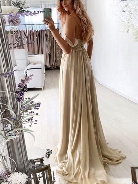 V Neck Champagne Lace Prom Dresses, Champagne Lace Formal Evening Dresses