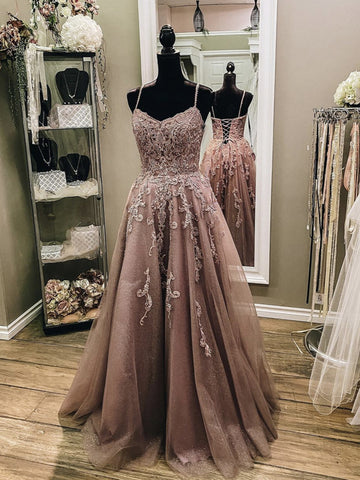 V Neck Champagne Lace Prom Dresses, Champagne Lace Formal Evening Dresses