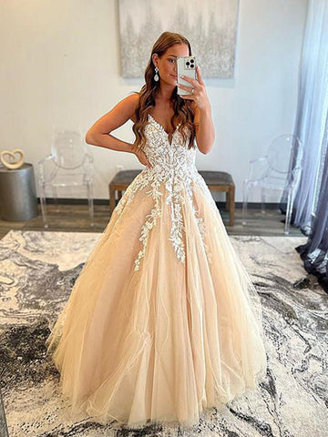 V Neck Champagne Lace Prom Dresses, Long Champagne Lace Formal Evening Dresses