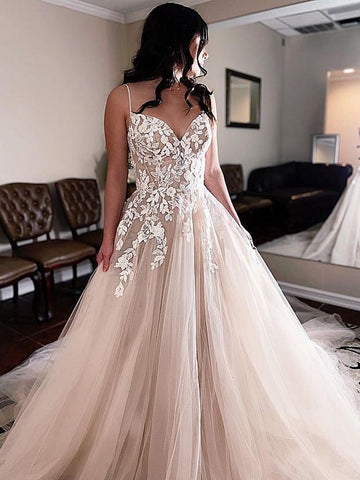 V Neck Champagne Lace Wedding Dresses, Champagne Lace Prom Formal Dresses