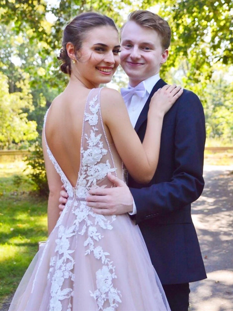 V Neck Champagne Tulle Lace Long Prom Dresses, Champagne Lace Formal E jbydress V Neck Champagne Tulle Lace Long Prom Dresses, Champagne Lace Formal E jbydress