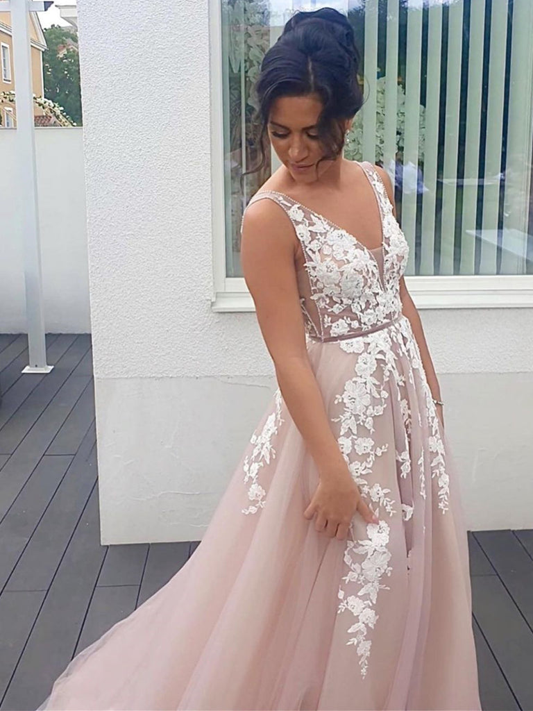 V Neck Champagne Tulle Lace Long Prom Dresses, Champagne Lace Formal E jbydress V Neck Champagne Tulle Lace Long Prom Dresses, Champagne Lace Formal E jbydress