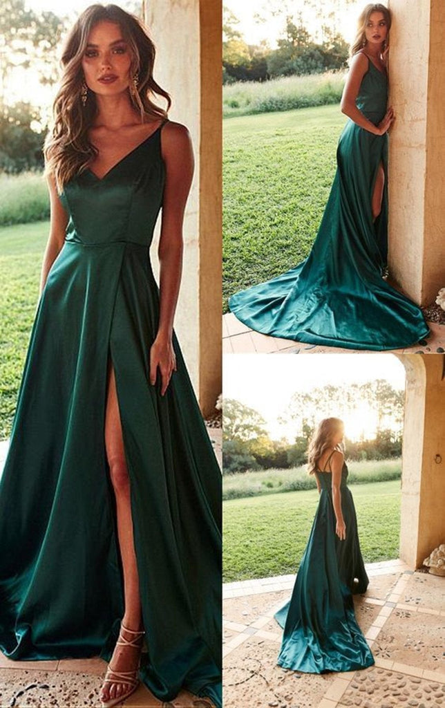 Single Sleeve High Slit Party Dress Dark Green Satin Prom Dress A Line –  SheerGirl