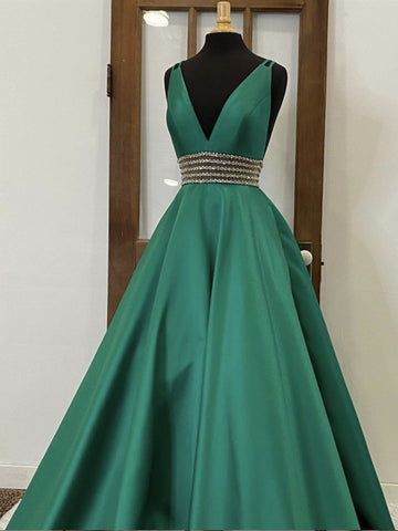 V Neck Emerald Green Satin Prom Dresses, Green Long Formal Evening Dresses