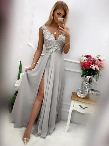 V Neck Gray Lace Prom Dresses, V Neck Gray Lace Long Formal Evening Dresses