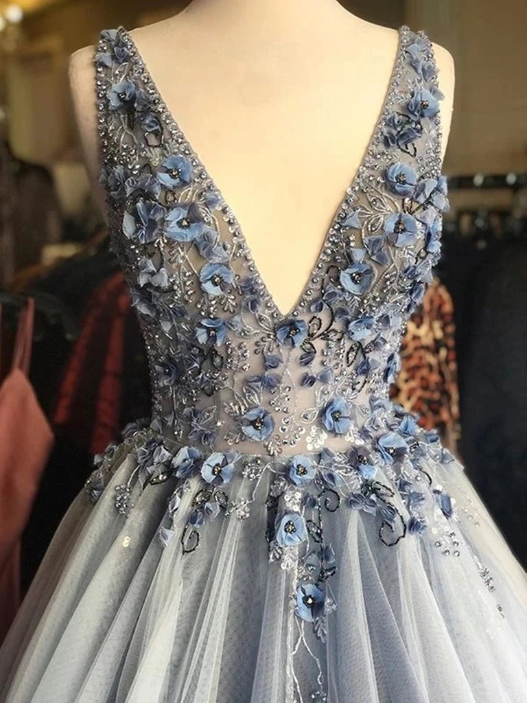 V Neck Gray Tulle 3D Floral Long Prom Dresses, Gray Floral Tulle Forma jbydress V Neck Gray Tulle 3D Floral Long Prom Dresses, Gray Floral Tulle Forma jbydress
