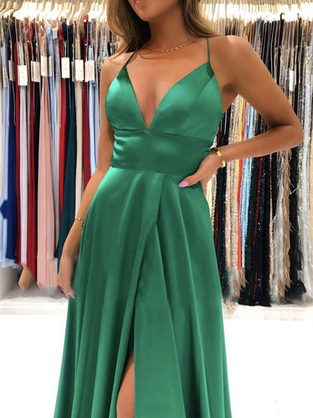 V Neck Green Backless Long Prom Dresses, Open Back Green Satin Formal Evening Dresses