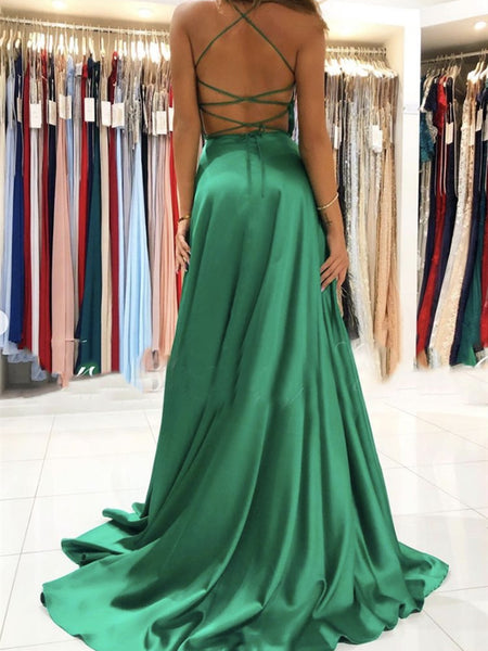 V Neck Green Backless Long Prom Dresses, Open Back Green Satin Formal Evening Dresses