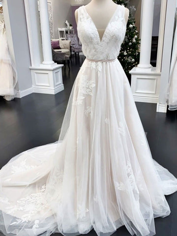 V Neck Ivory Lace Wedding Dresses, Ivory Lace Prom Formal Dresses