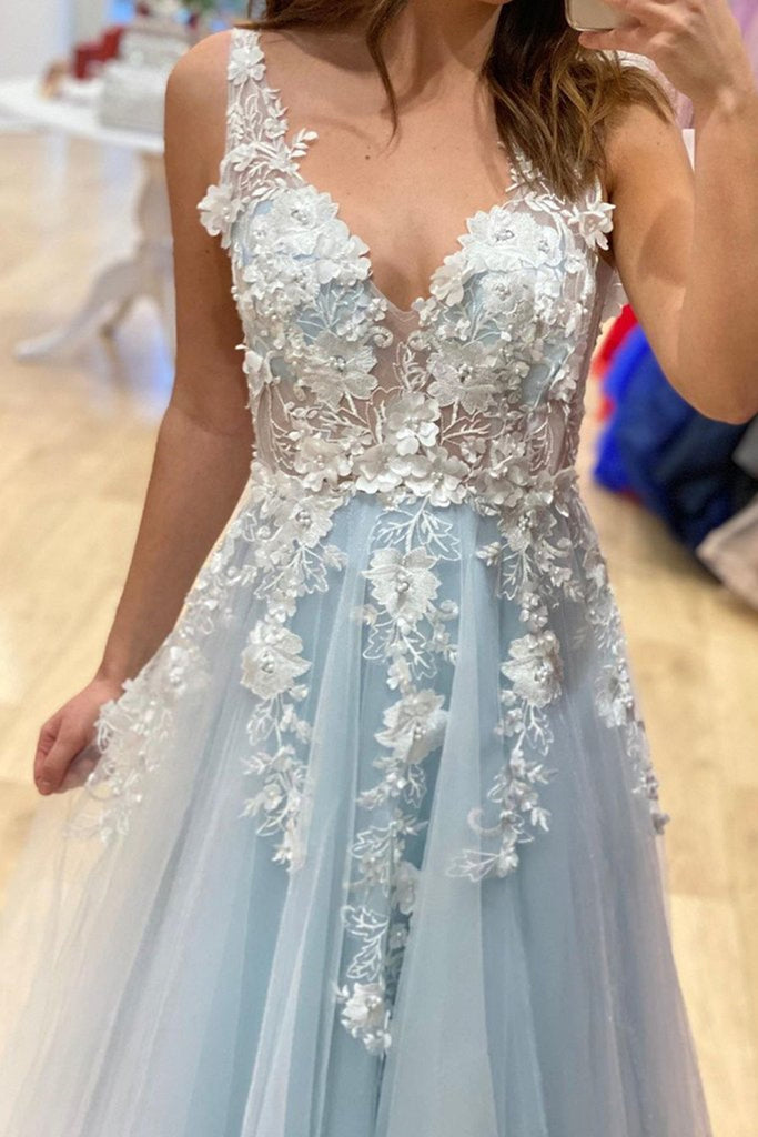 V Neck Lace Floral Blue Prom Dresses, Blue V Neck Lace Floral Long For jbydress V Neck Lace Floral Blue Prom Dresses, Blue V Neck Lace Floral Long For jbydress