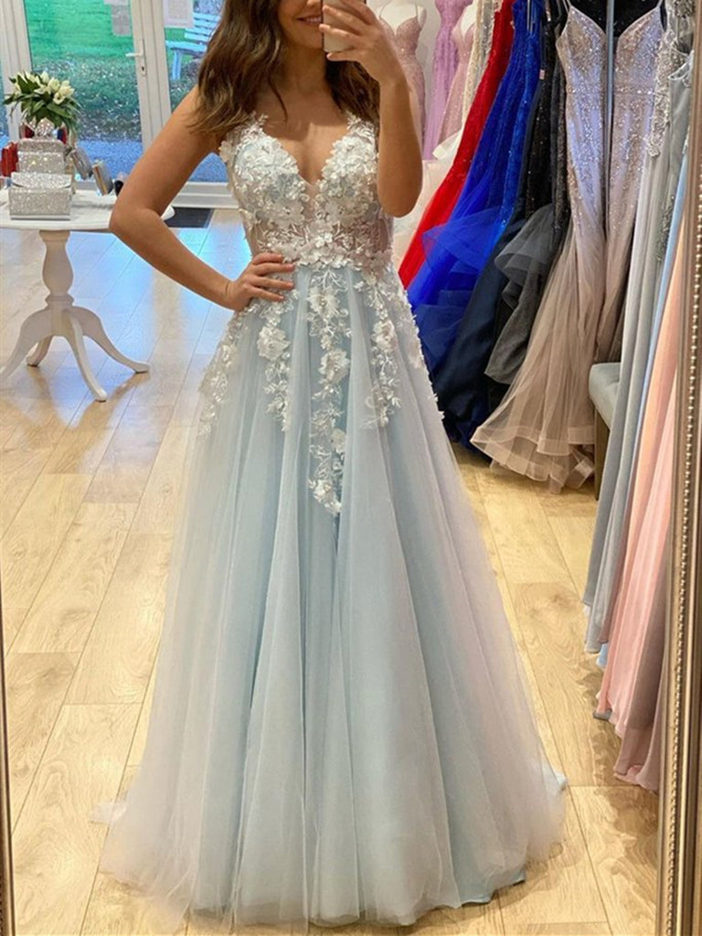 V Neck Lace Floral Blue Prom Dresses, Blue V Neck Lace Floral Long For jbydress V Neck Lace Floral Blue Prom Dresses, Blue V Neck Lace Floral Long For jbydress