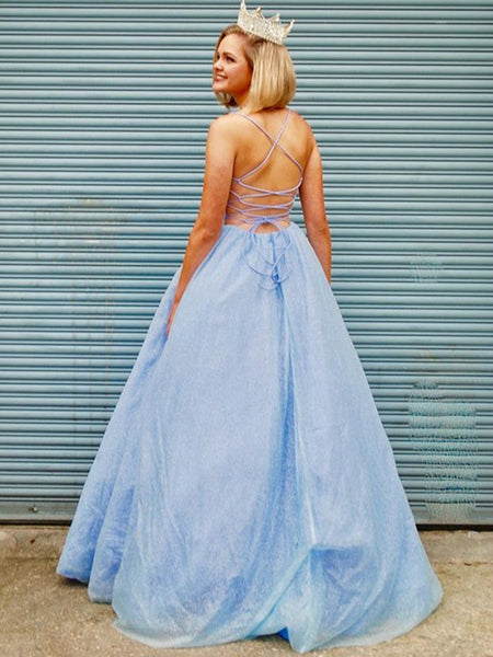 V Neck Light Blue Backless Prom Dresses, Open Back Blue Formal Evening Dresses