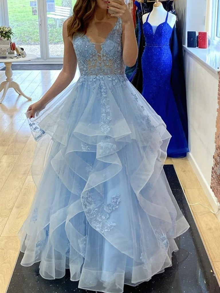 V Neck Light Blue Lace Prom Dresses, Light Blue Lace Formal Evening Dr jbydress V Neck Light Blue Lace Prom Dresses, Light Blue Lace Formal Evening Dr jbydress
