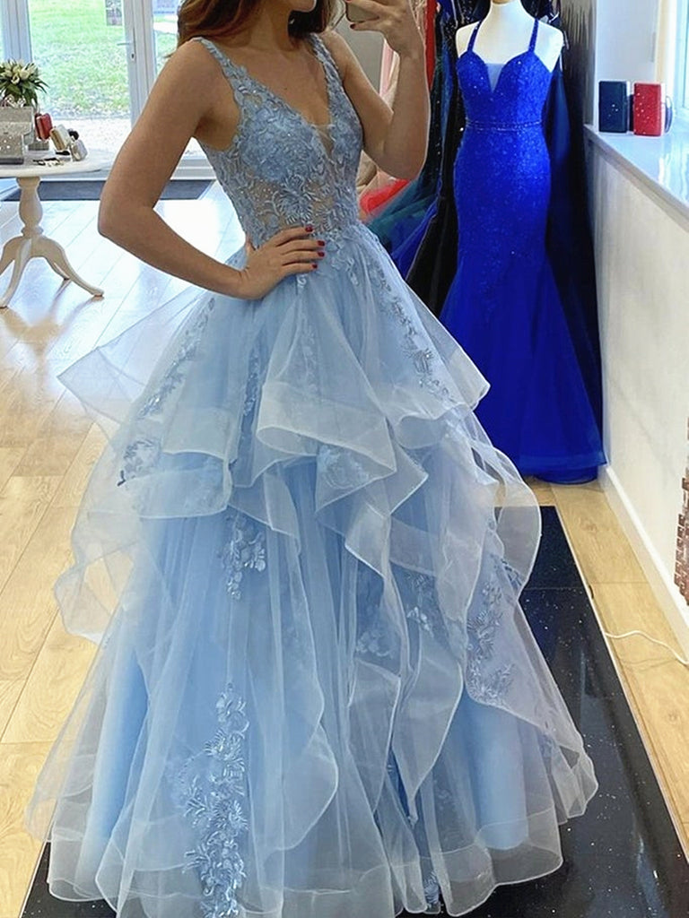 V Neck Light Blue Lace Prom Dresses, Light Blue Lace Formal Evening Dr jbydress V Neck Light Blue Lace Prom Dresses, Light Blue Lace Formal Evening Dr jbydress